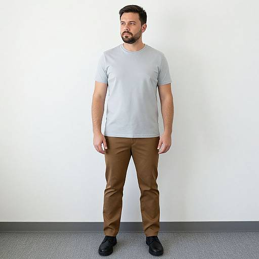 Photograph of a bearded man with short dark hair, wearing a light gray T-shirt, brown pants, and black shoes, standing against a plain