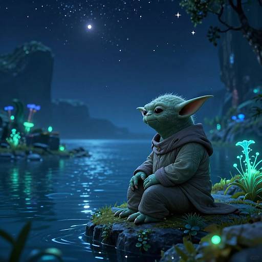 Digital art: A small, green, pointed-eared creature in a hooded robe sits by a glowing, starlit, moonlit lake with bi