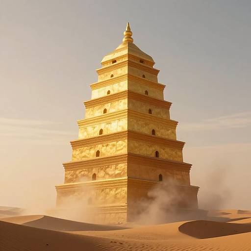 Photograph of a golden, dome-topped, multi-tiered temple standing in a sandy desert, bathed in sunlight, with mist swirling around its