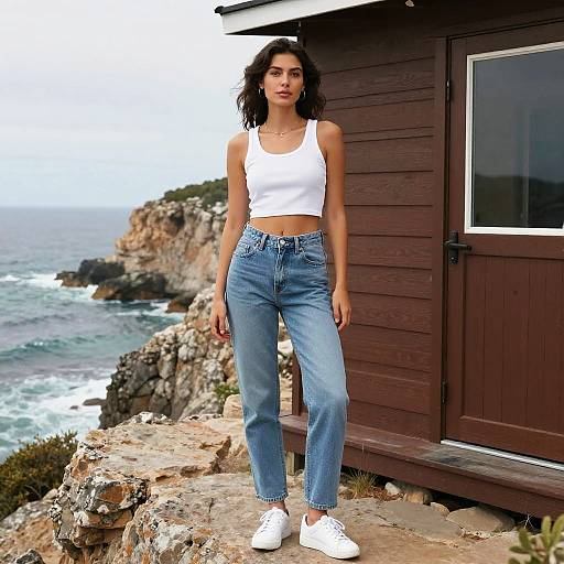 Photograph of a young woman with dark curly hair, wearing a white crop top and high-waisted blue jeans, standing on a rocky cliffside