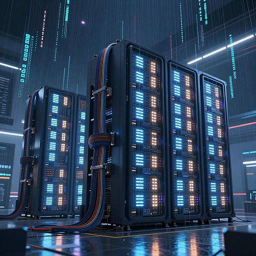 Photograph of three large, illuminated server racks with blue and orange lights, in a futuristic, rain-filled data center with neon lights and sleek architecture.