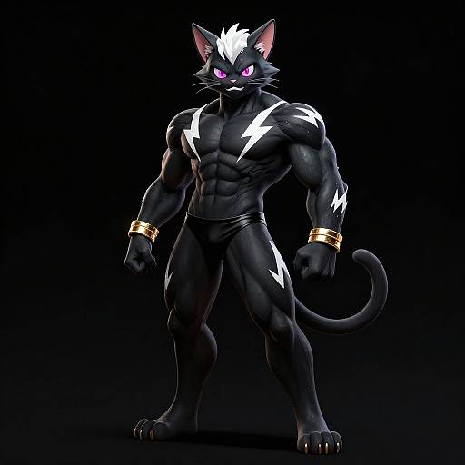 Digital art of a muscular, black-furred anthropomorphic cat with white lightning markings, purple eyes, gold bracelets, and a black loincloth,