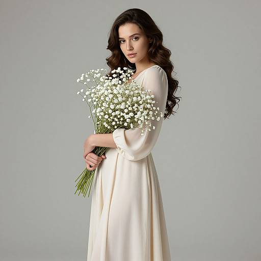 Photograph of a fair-skinned woman with long, wavy brown hair, wearing a white, satin, three-quarter sleeve dress, holding a bouquet