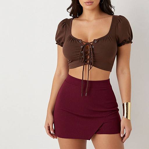 Photograph of a woman with tan skin, black wavy hair, wearing a brown lace-up crop top and high-waisted maroon mini skirt