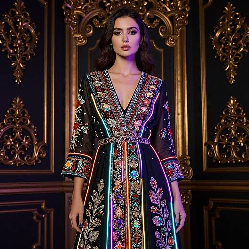 Photograph of a woman with dark wavy hair, wearing an ornate, black, V-neck robe with colorful floral embroidery, standing in an op