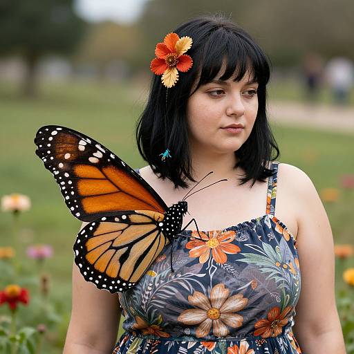 Photograph of a fair-skinned woman with black hair, wearing a floral dress, butterfly hair accessory, and a large monarch butterfly on her shoulder,