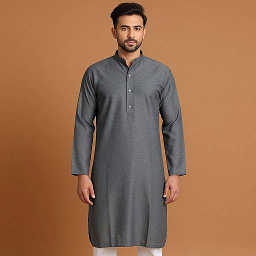 Photograph of a bearded man with short dark hair, wearing a blue long-sleeve kurtah against a plain brown background.