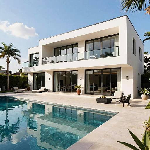 Photograph of modern two-story white house with large glass balconies, reflecting in a turquoise pool, surrounded by palm trees and outdoor furniture on a sunny