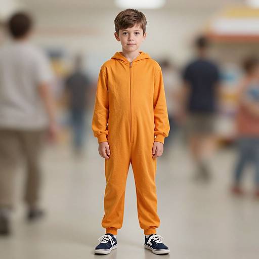 Photograph of a young boy with short brown hair, wearing an orange prison jumpsuit and black sneakers, standing in a blurred, brightly lit indoor setting