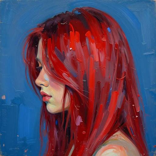 Digital painting of a woman with vibrant red hair against a blue background, featuring bold brushstrokes and intense color contrasts.