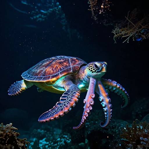 Photograph of a vibrant, glowing sea turtle with colorful, bioluminescent patterns swimming in a dark, underwater coral reef.