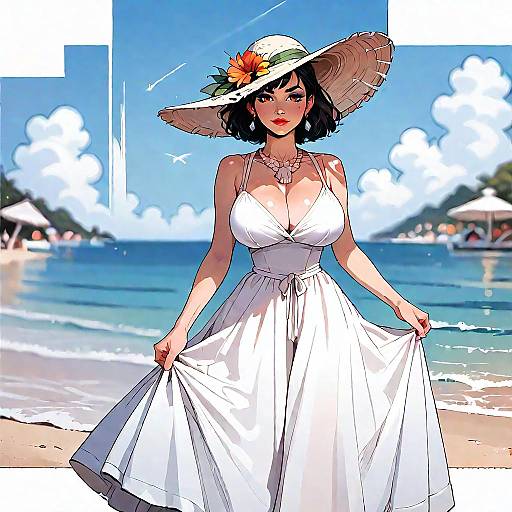 Digital illustration of a curvy woman with large breasts, wearing a white sundress and wide-brimmed hat, standing on a sunny beach with blue