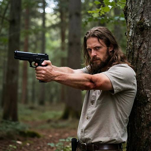 Man aiming handgun in forest