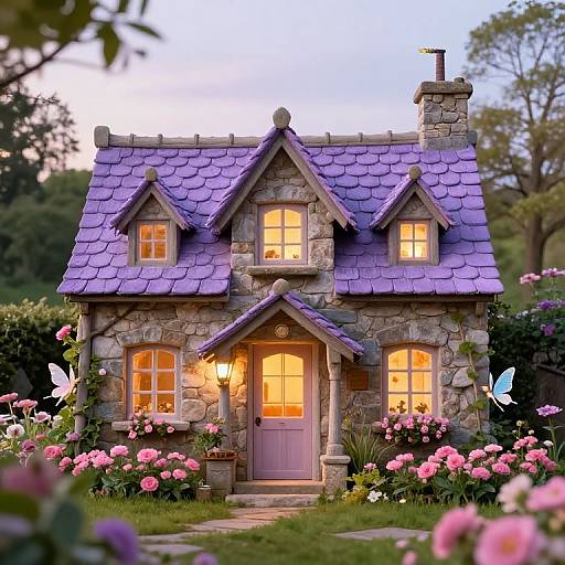 Whimsical Lavender-Roofed Fairy Cottage