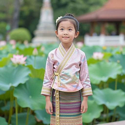 Photograph of a young Asian girl in traditional pink silk kimono and striped skirt, standing in a lush lotus pond garden.