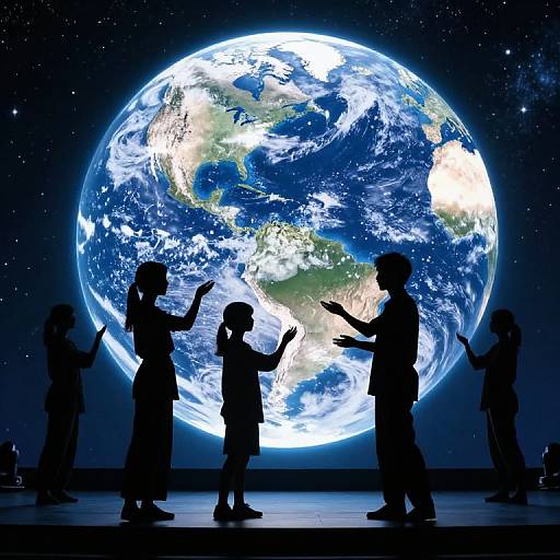 Silhouetted children and adults pointing at a large, illuminated Earth against a starry space background in a digital artwork.