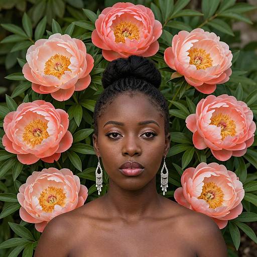 Photograph of a beautiful Black woman with dark skin, natural hair in a bun, wearing dangling earrings, surrounded by vibrant pink peonies.