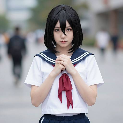 Photograph of an East Asian young woman with black bob haircut, wearing a white Japanese schoolgirl uniform with red necktie, standing in a blurred urban