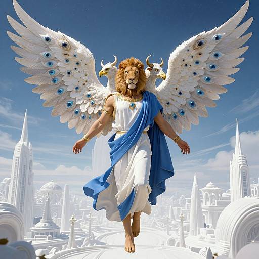 Digital art of a muscular lion-man with white peacock-feathered wings, blue and white toga, gold horns, flying over a futuristic white