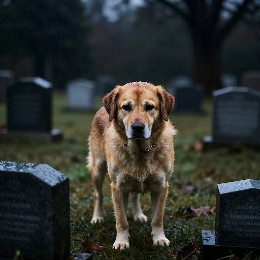 Sad Dog Saying Goodbye at Graveyard