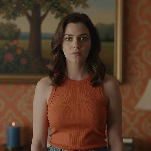 Serious Woman in Orange-Themed Setting