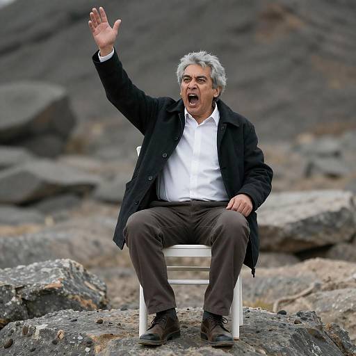 Middle-Aged Man Shouting on Rocky Terrain