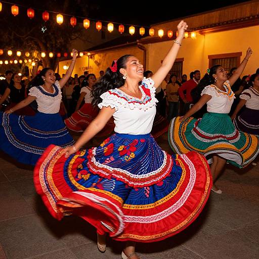 Photograph of vibrant Mexican dancers in traditional dresses, with colorful skirts, white blouses, and red ribbons, dancing joyfully under string lights at