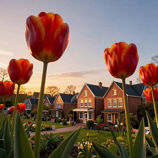 Photograph of a suburban neighborhood at sunset, featuring vibrant red-orange tulips in the foreground, with red brick houses and well-maintained gardens in