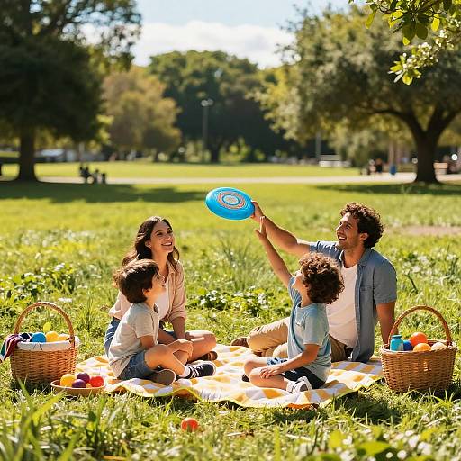 Photograph of a smiling family of four, including a man, woman, and two children, playing with a blue frisbee on a sunny grass