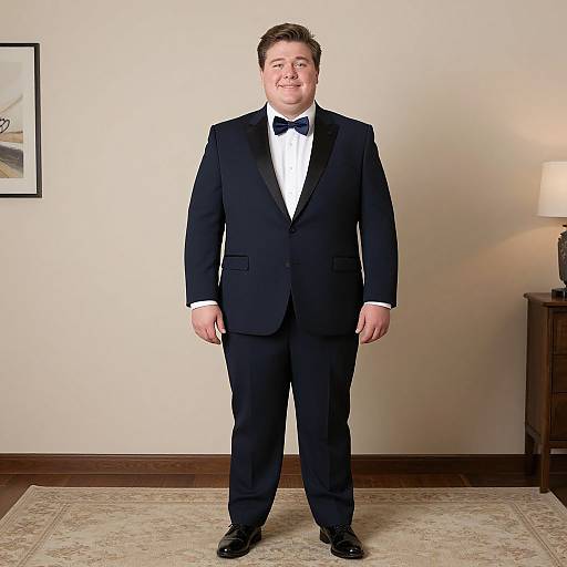 Photograph of a smiling, young Caucasian man with short brown hair, wearing a black tuxedo, white shirt, and black bow tie, standing