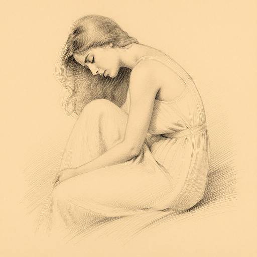 Monochromatic pencil drawing of a young woman with long hair, sitting in a curled position, eyes closed, wearing a simple dress, against a beige