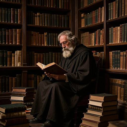 Photograph of an elderly man with a white beard, wearing a black robe, reading a book in a dimly lit, wooden bookshelf-filled library