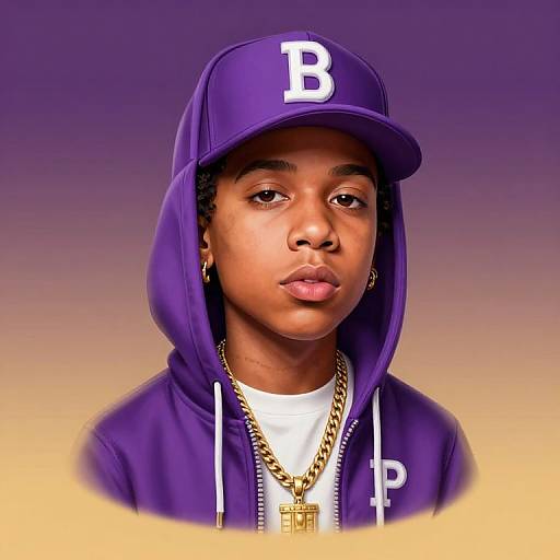 Photograph-style digital portrait of a young Black man with medium brown skin, wearing a purple hoodie with a large white 