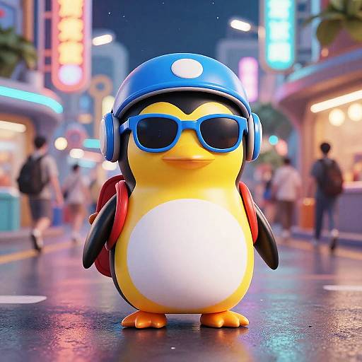 Vibrant Pop Art Penguin in Futuristic Park