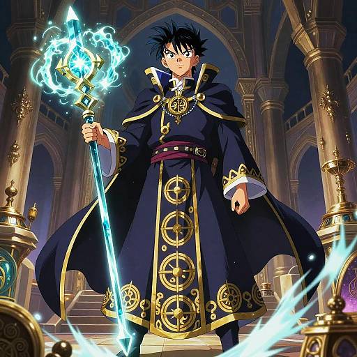Anime-style illustration of a black-haired, wide-eyed young wizard in a dark blue, gold-embellished robe, holding a glowing, magical staff