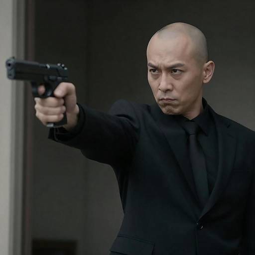 Bald Man in Suit Aiming Handgun