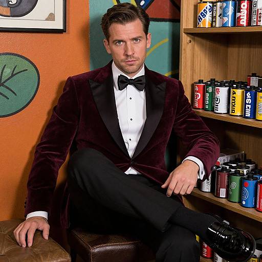 Photograph of a handsome man with short brown hair, wearing a dark velvet tuxedo, black bow tie, and black pants, sitting on a