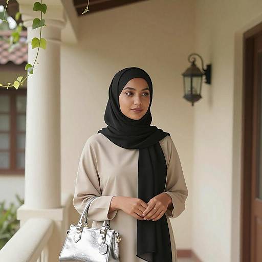 Young Woman in Hijab on Sunlit Porch