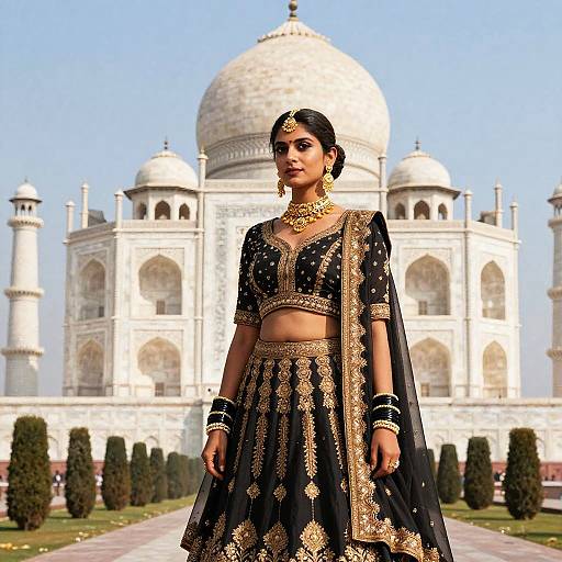 Indian woman in black and gold traditional attire stands in front of the Taj Mahal, with blue sky and garden path background. Photorealistic digital art