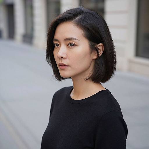 Photograph of an Asian woman with short black hair, wearing a black shirt, standing on a city street with blurred buildings.