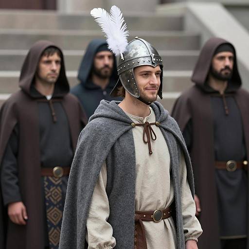 Medieval Man in Feathered Helmet with Cloaked Companions