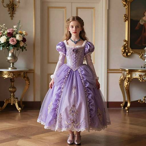 Photograph of a young girl with fair skin and brown hair in an ornate, lavender, Victorian-style dress with puffed sleeves, standing in a