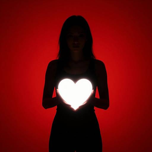 Silhouetted woman holding glowing heart against intense red background, creating a stark, dramatic contrast in this photograph.