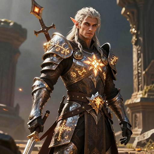 Digital artwork of a stern, white-haired elven warrior with glowing runes on black armor, holding a sword, in a medieval fantasy landscape.