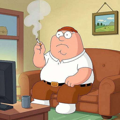Cartoon of overweight man with red cap, white shirt, brown pants, smoking cigarette, sitting on brown couch in living room.