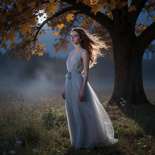 Photograph of a serene woman in a flowing white dress standing under an autumn tree, moonlight illuminating her, with misty field background.