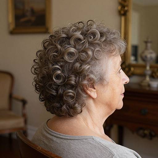Photograph of a middle-aged woman with short, curly gray hair, profile view, wearing a gray shirt, in a warmly lit, vintage-style room
