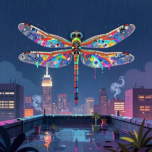 Digital art of a vibrant, multicolored, abstract dragonfly with glowing wings flying over a rain-soaked rooftop with city skyline background.
