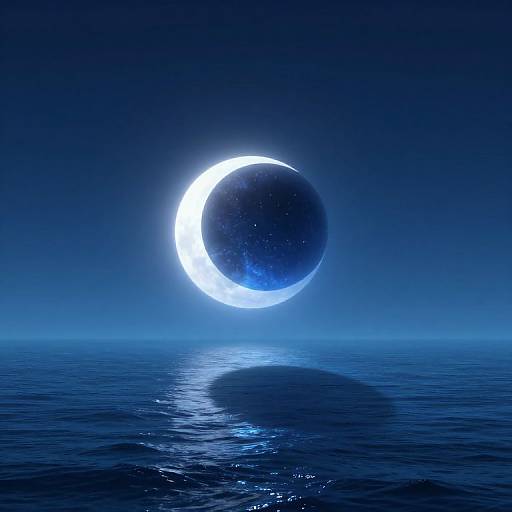 Photograph of a glowing blue crescent moon hovering above a calm, reflective ocean under a dark, starry night sky.
