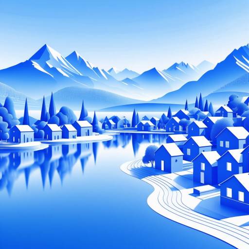 3D Blue Village by Lake with Mountains